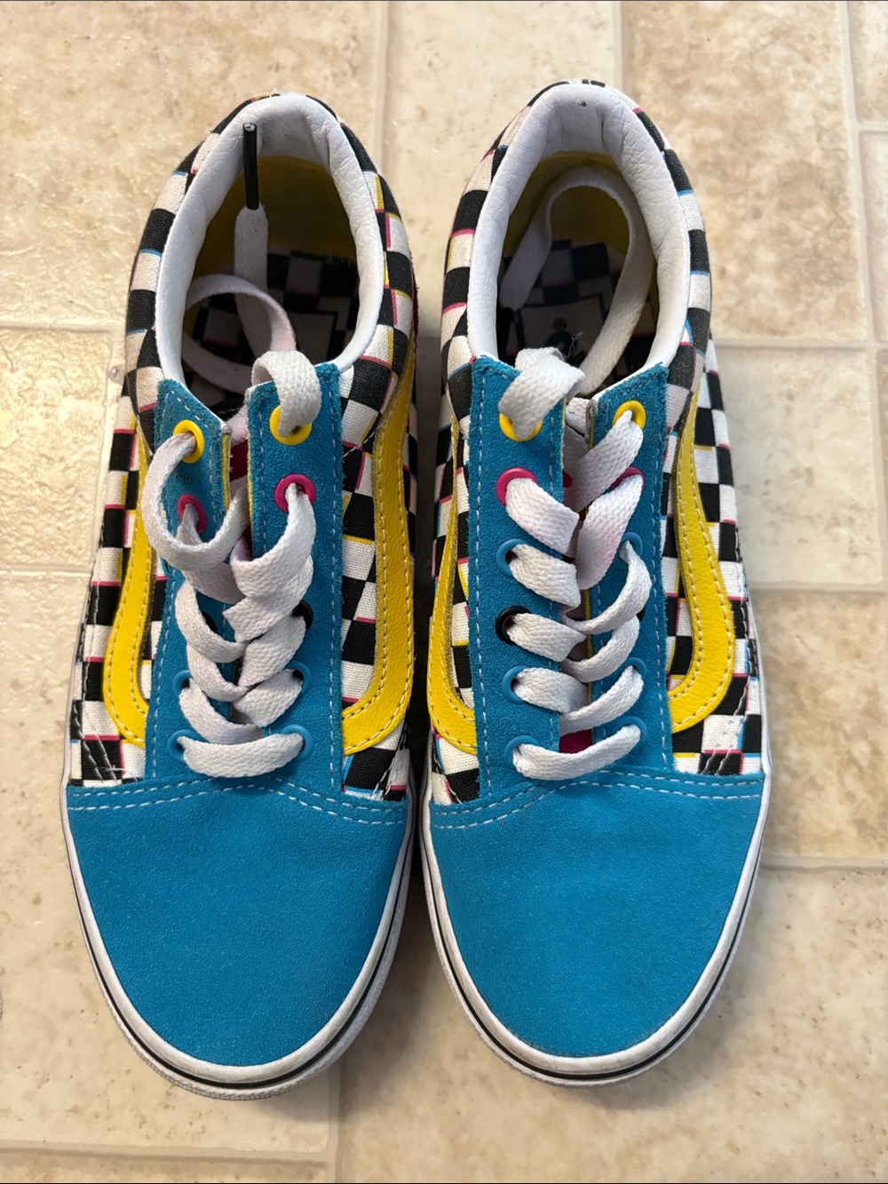 Vans Kids Checkerboard Blue, Yellow & Black Low-Top Sneakers